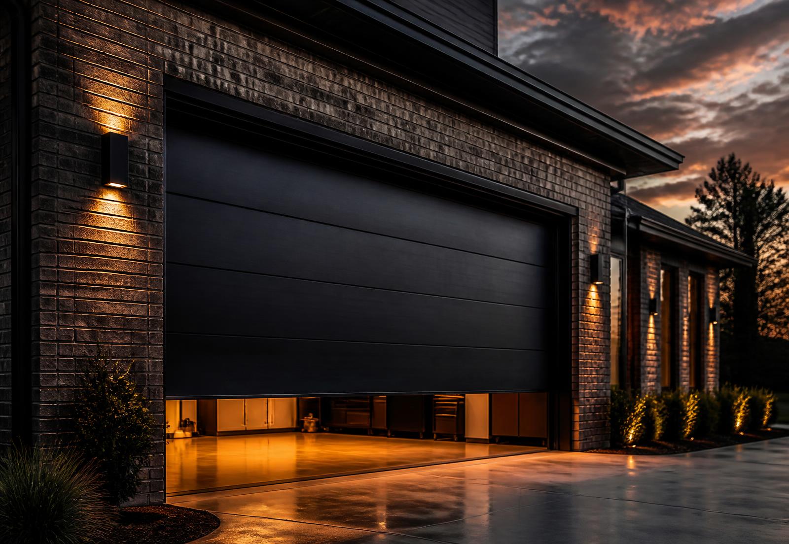Modern dark steel garage door on a Fort Worth area home at dusk