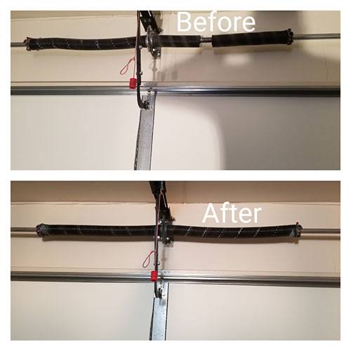Before and after photos of a broken garage door torsion spring replaced with a new one